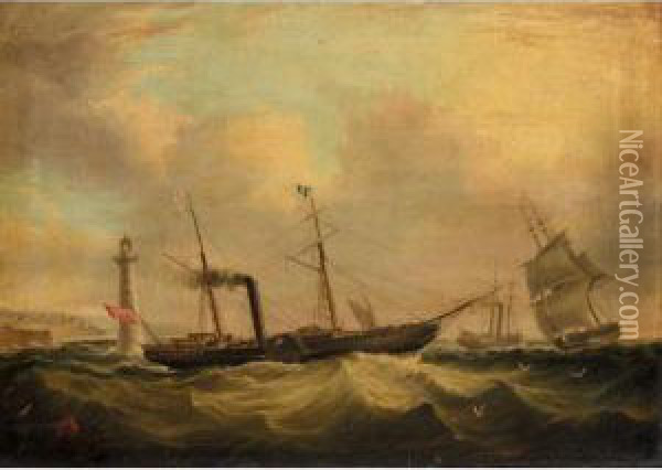 The Departing Paddle Steamer Victoria Off The Perch Rock Fort And Lighthouse, Liverpool Oil Painting - Joseph Heard