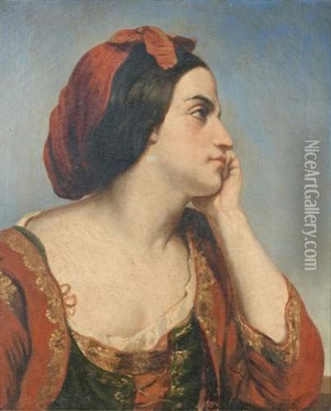Portrait De Femme Pensive Oil Painting - Louis Boulanger
