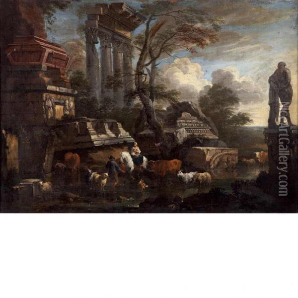 A Herdsman And Hislivestock Crossing A River Beside Roman Ruins Oil Painting - Nicolaes Berchem