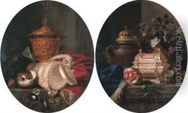 A Sculpted Gold Cup, A 
Silver-gilt Cup And Cover, A Shell Andbluebells On A Partially Draped 
Stone Ledge Oil Painting - Meiffren (Ephren) Conte (Leconte)