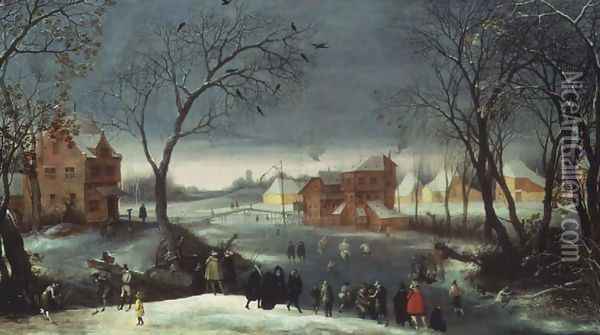 Winter Landscape with Skaters Oil Painting - Adriaen van Stalbempt