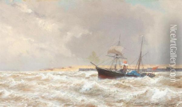 Steamer Near The Shore Oil Painting - Jean Baptiste Henri Durand-Brager