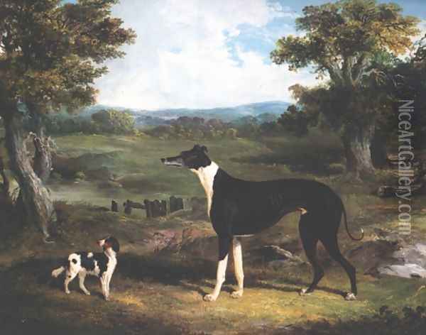 Greyhound & Dog In Landscape Oil Painting - John Frederick Herring Snr