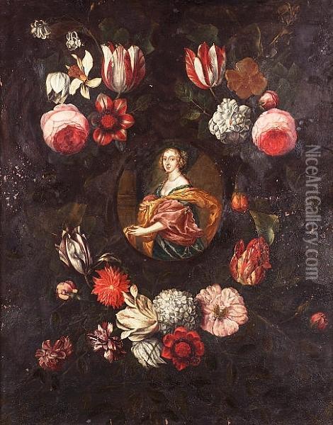 Portrait Of A Lady, 
Three-quarter-length In A Blue Dress With Pink And Gold Wraps Surrounded
 By A Garland Of Flowers Oil Painting - Daniel Seghers