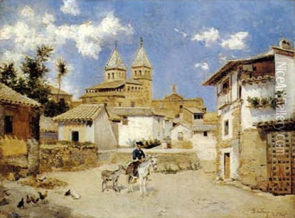 A Spanish Courtyard Oil Painting - Pedro Vega Y Munoz
