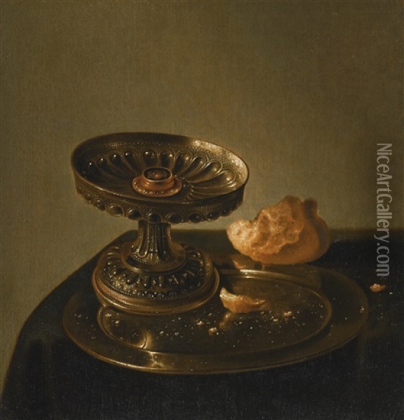 A Still Life Of A Silver Tazza And A Bread Roll On A Pewter Plate Oil Painting - Jan Jansz Uyl the Elder