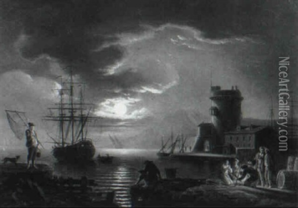 Moonlit Harbor Oil Painting - Victor de Grailly
