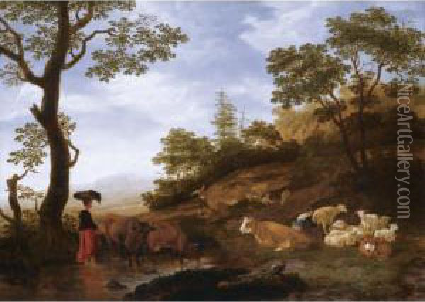 A Landscape With Sheep, Cattle And Herdsmen, With A Town Beyond Oil Painting - Jacob Gerritz Van Bemmel