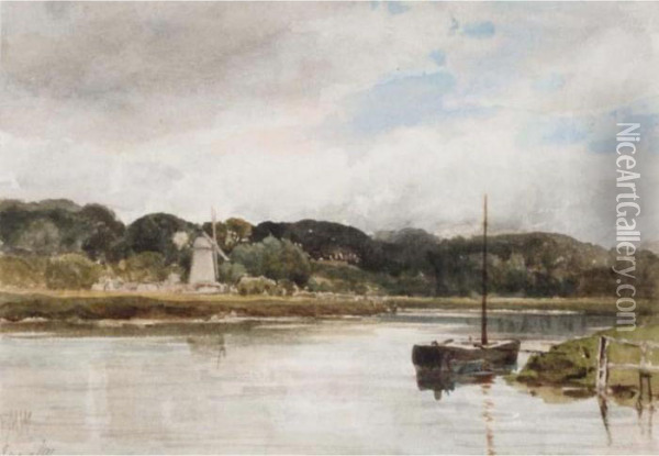 River Scene With Windmill Oil Painting - Edmund Morison Wimperis