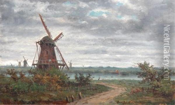 Windmills By The River Oil Painting - Fredericus Jacobus Van Rossum Du Chattel