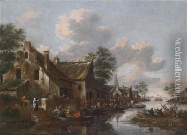 A City On The Banks Of A River Oil Painting - Thomas Heeremans