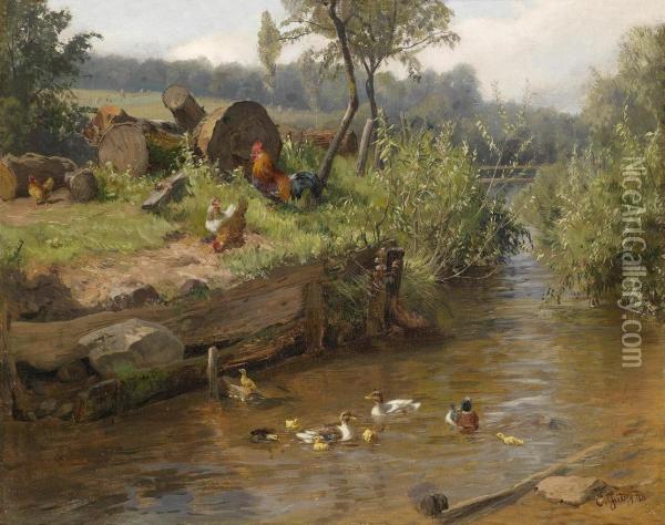 Family Of Ducks On The Weir Oil Painting - Carl Jutz