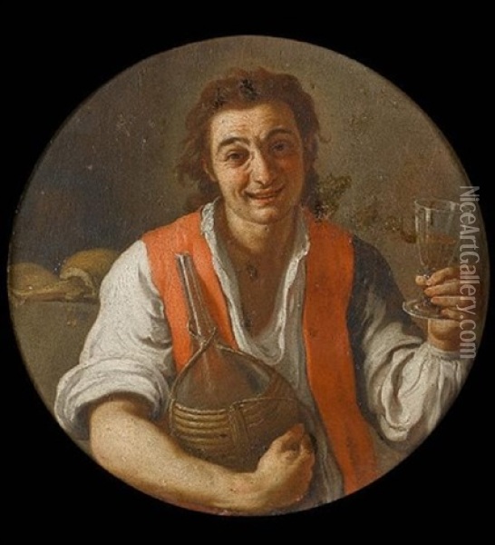 A Peasant Man Holding A Carafe And A Glass Of Wine Oil Painting - Giuseppe Bonito