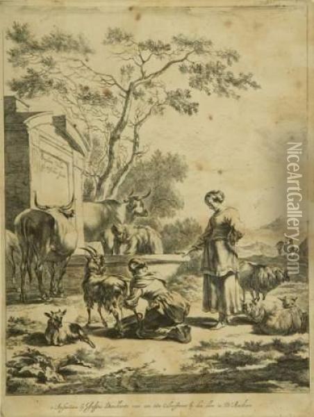 Eine Schaferin Am Brunnen Oil Painting - Jan De Visscher