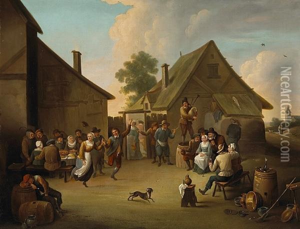 Villagers Dancing And Frolicking Outside An Inn Oil Painting - David The Younger Teniers