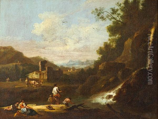 An Italianate Landscape With Figures Fishing Below A Waterfall Oil Painting - Giuseppe Zais