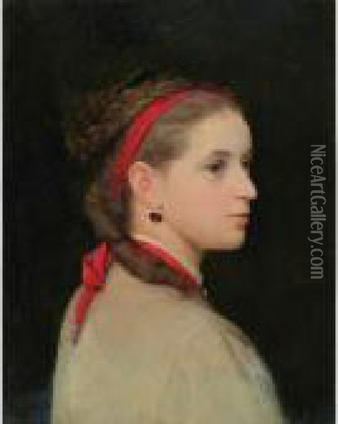 Madchen Mit Roter Haarschleife Oil Painting - Albert Anker
