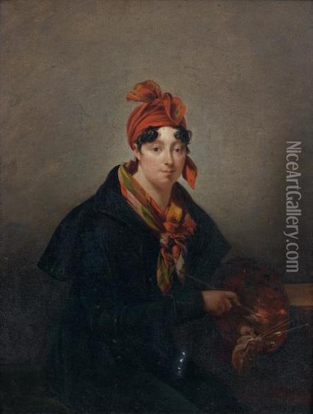 Autoportrait A La Palette Oil Painting - Antoinette Cecile Hortense Lescot Haudebourt