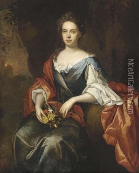 Portrait Of A Lady, 
Three-quarter-length, In A Blue And Red Dress And Holding A Bouquet Of 
Flowers Oil Painting - Sir Godfrey Kneller