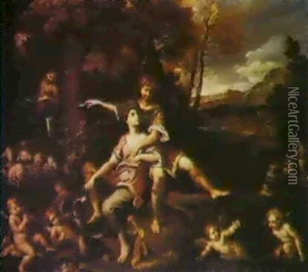 Angelica E Medoro In Un Paesaggio Con Amorini E Altre Figure Oil Painting - Francesco Albani