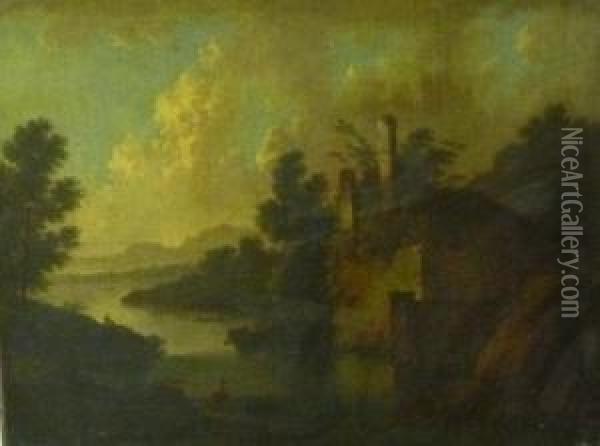 River Landscape With Ruined House And Fishermen Oil Painting - Jan Wyck