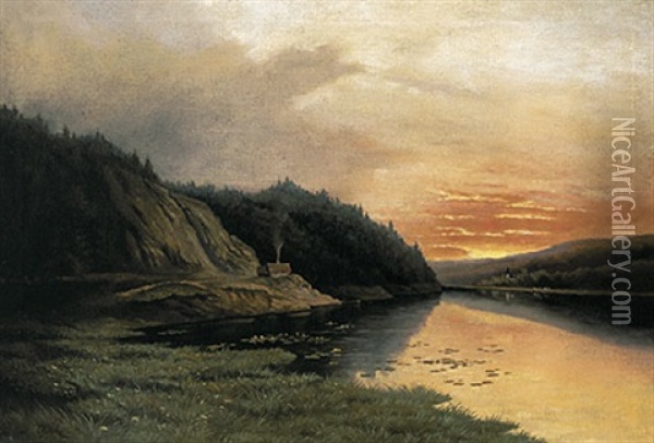 Abendliche Flusslandschaft Mit Prachtvoll Verfarbtem Horizont Und Spiegelndem Gewasser Oil Painting - Vladimir Donatovitch Orlovsky