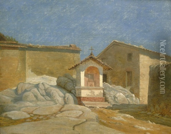 Kleine Kapelle In Einem Italienischen Dorf In Der Romischen Campagna Oil Painting - Peter (Johann P.) Raadsig