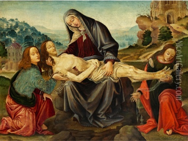 Beweinung Christi Mit Dem Evangelisten Johannes Und Maria Magdalena Oil Painting - Raffaelino del Garbo