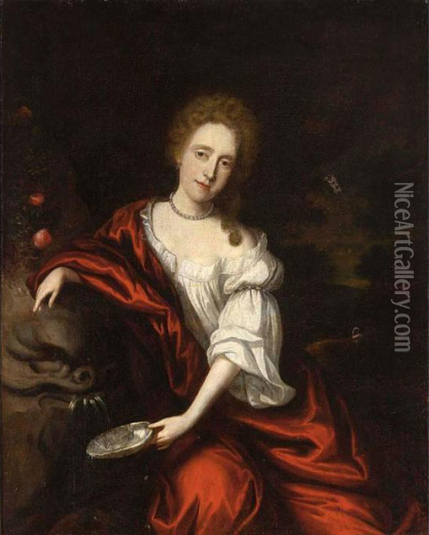 An Elegant Lady Near A Fountain,
 Seated Three-quarter Length, Wearing A White Blouse, Red Satin Shawl 
And A Pearl Necklace Oil Painting - Nicolaes Maes