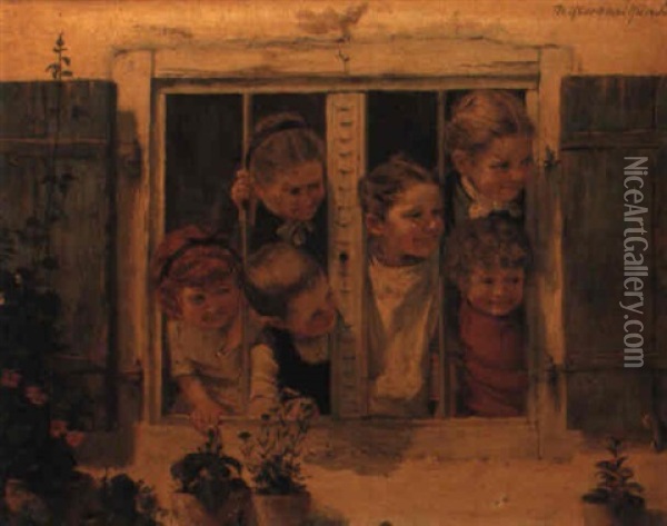 Children At The Window Oil Painting - Theodor Kleehaas