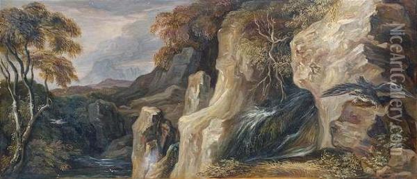 Idealisierte Landschaft Mit Felsmassiv Und Wasserfall Oil Painting - George Augustus Wallis