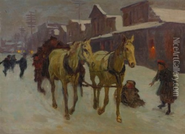 Passing Through Town On A Cold Winter's Night Oil Painting - Richard Lorenz