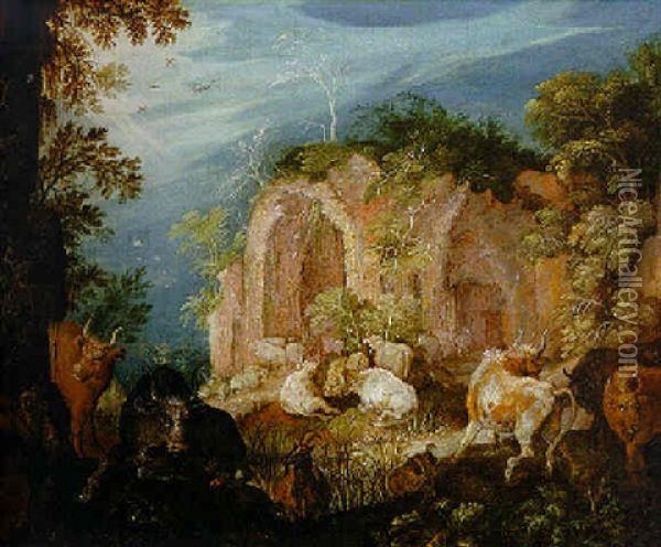 A Landscape With Cattle And Classical Ruins Oil Painting - Roelandt Savery