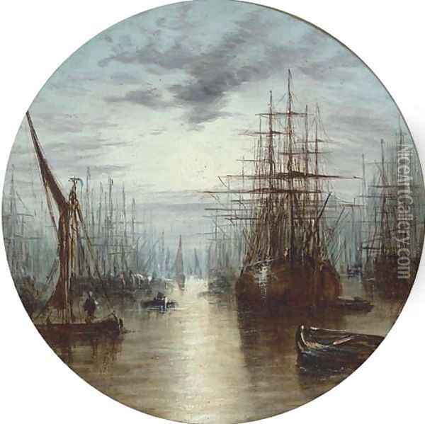 A moonlit harbour Oil Painting - William A. Thornley or Thornbery
