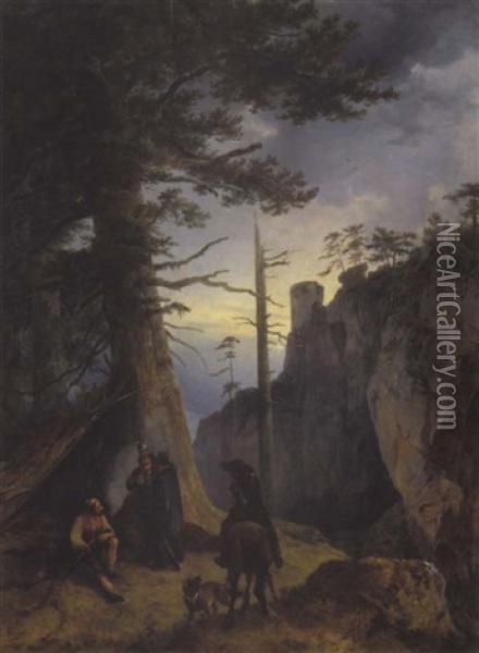 Jagergruppe In Einer Felsschlucht, Im Hintergrund Die Burg Gutenstein Oil Painting - Friedrich Gauermann