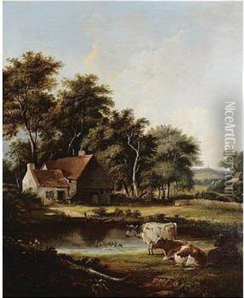 Wooded Landscape With Cattle, Signed And Dated 46, Oil On Canvas, 76 X 62.5 Cm.; 30 X 24 3/4 In Oil Painting - John Birch