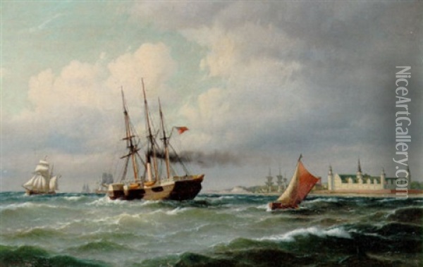Marine Med Dampskib Med Det Engelske Handelsflag Samt Sejlskibe Ud For Kronborg Oil Painting - Carl Ludwig Bille