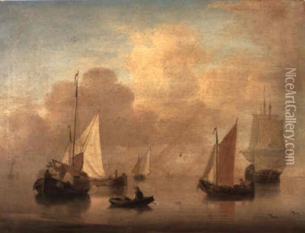 Dutch Smallships Anchored Off A Beach With An Oarsman Returning To Shore Oil Painting - Jan van Os