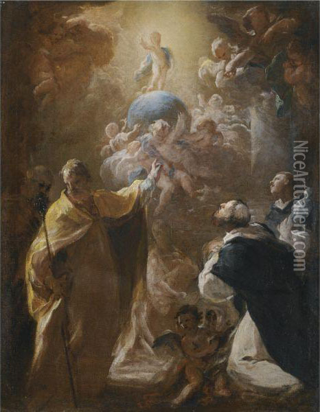 The Infant Christ In Glory With Saints Dominic And Nicholas Oil Painting - Corrado Giaquinto