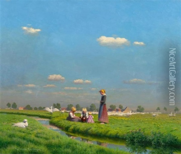 Landschaft Mit Mutter Und Kindern Mit Gansen Oil Painting - Paul Wilhelm Keller-Reutlingen