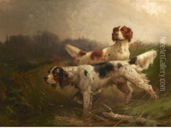 Two Setters Working A Field Oil Painting - William Bruce