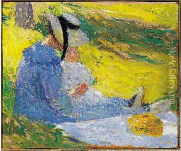 Femme Et Enfant Sur L'herbe. Huile Sur Panneau. Porte Une Signature En Bas A Gauche Oil Painting - Henri Martin