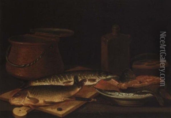 A Still Life Of Freshwater Fish On A Chopping Board, Filleted Fish In A Porcelain Dish, A Copper Urn And Earthenware Vessels Oil Painting - Pieter Van Boucle