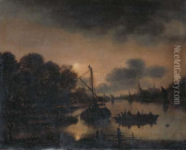 A Moonlit Landscape With Moored Vessels On A River Oil Painting - Aert van der Neer