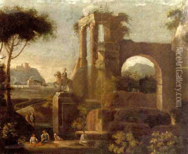 An Italianised Landscape With Bathers By A Classical Ruin Oil Painting - Jan Frans van Bloemen