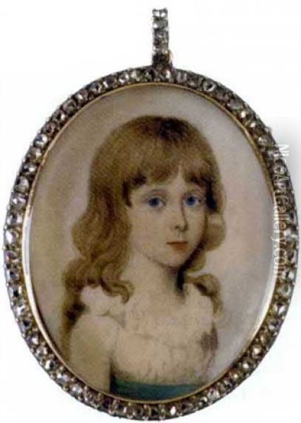 A Young Girl, In A White Dress With A Frilled Collar And A Blue Sash, Long Fair Hair And Blue Eyes Oil Painting - Frederick Buck