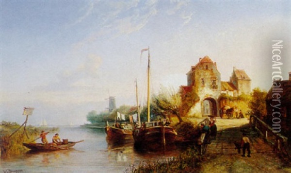 A Summer Landscape With Shipping On A River Oil Painting - Pieter Cornelis Dommershuijzen