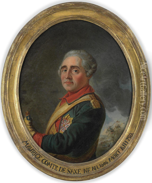 Portrait Of Comte Maurice De Saxe As A Marechal De France, Half-length, With The Order Of The White Eagle And Holding A Marshal's Baton, A Battle-scene Beyond Oil Painting - Etienne Liotard