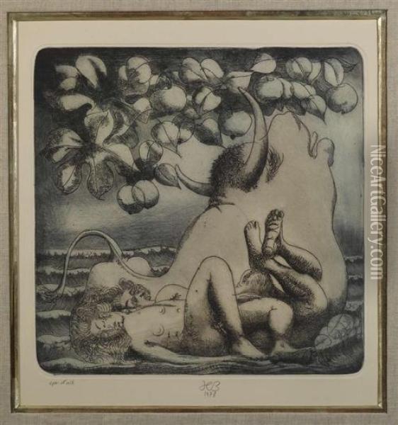 Adam Und Eva Mit Stier Und Apfelbaum. 1978. Oil Painting - Heinrich Binde