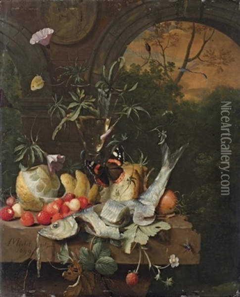 A Sliced Herring, Strawberries, A Peeled Lemon, Bread, And An Onion Oil Painting - Jan Mortel